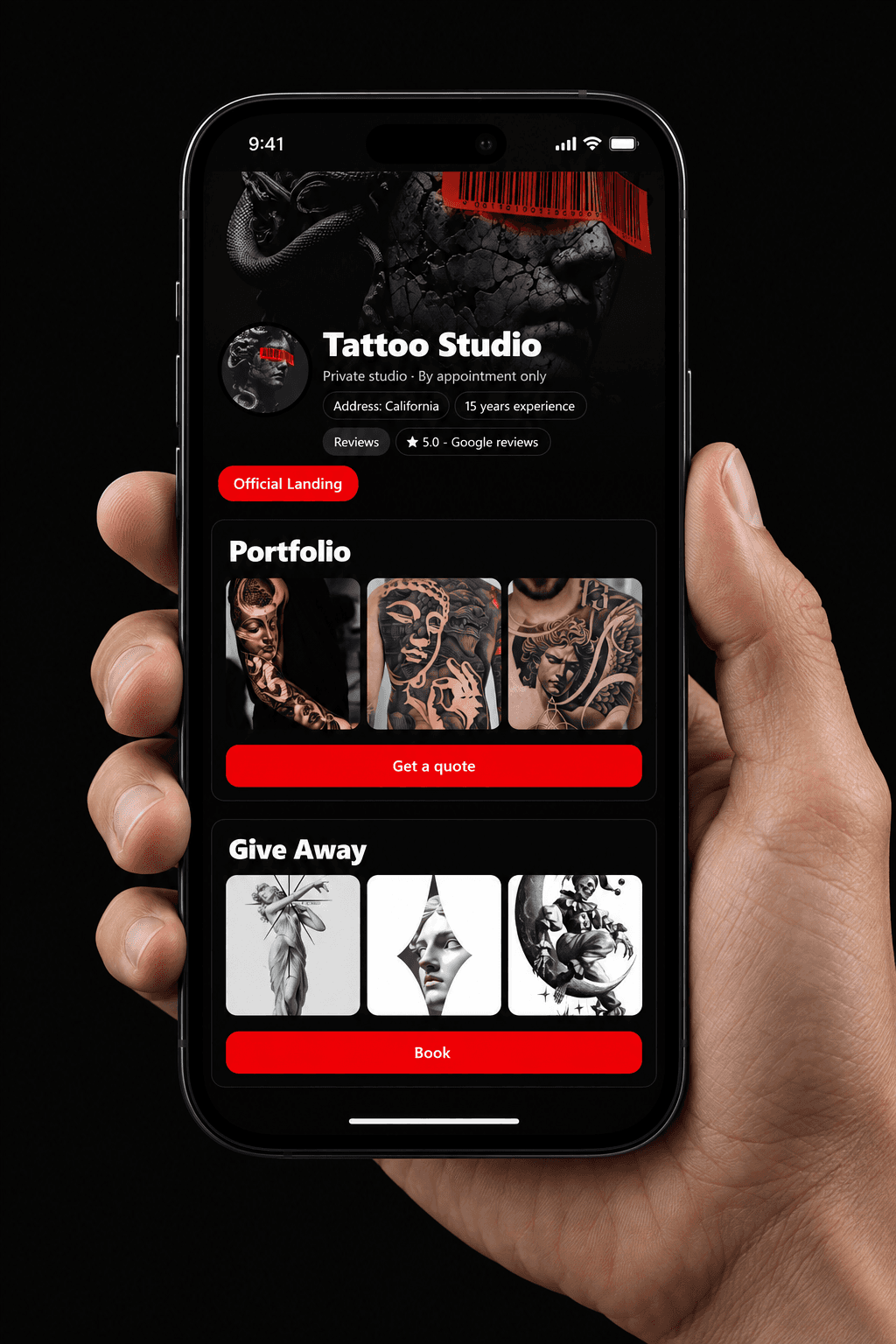 Mão segurando um celular com o modelo Official Landing do estúdio de tatuagem
